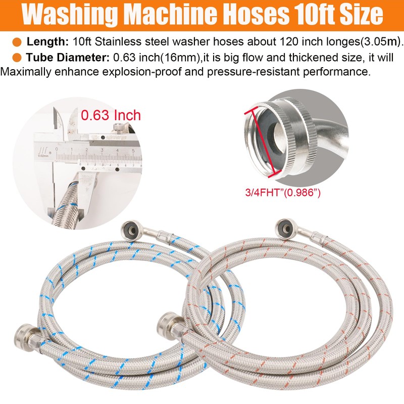 WHK 2 Pack 10ft Washing Machine Hoses Stainless Steel Washer