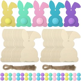 DECEED 40 Pcs Easter Unfinished Wood Bunny Cutouts with 40 Colorful Felt Balls, Hanging Rabbit Cutouts Rabbit Shape Craft Tags Wooden Pendant DIY Ornaments