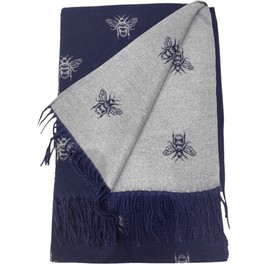 World of Shawls WINTER WARMER Reversible Thick Long Bumble Bee Print Fashion Scarf Blanket Wrap (Navy Blue/Silver)