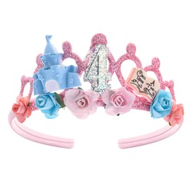 4th Birthday Crown for Girls, 4th Birthday Headband for Girls, 4th Birthday Tiara for Girls 4th Birthday Decoration for Girls 4th Birthday Crown with Castle Tiara for Girls 4 Year Old Disposable