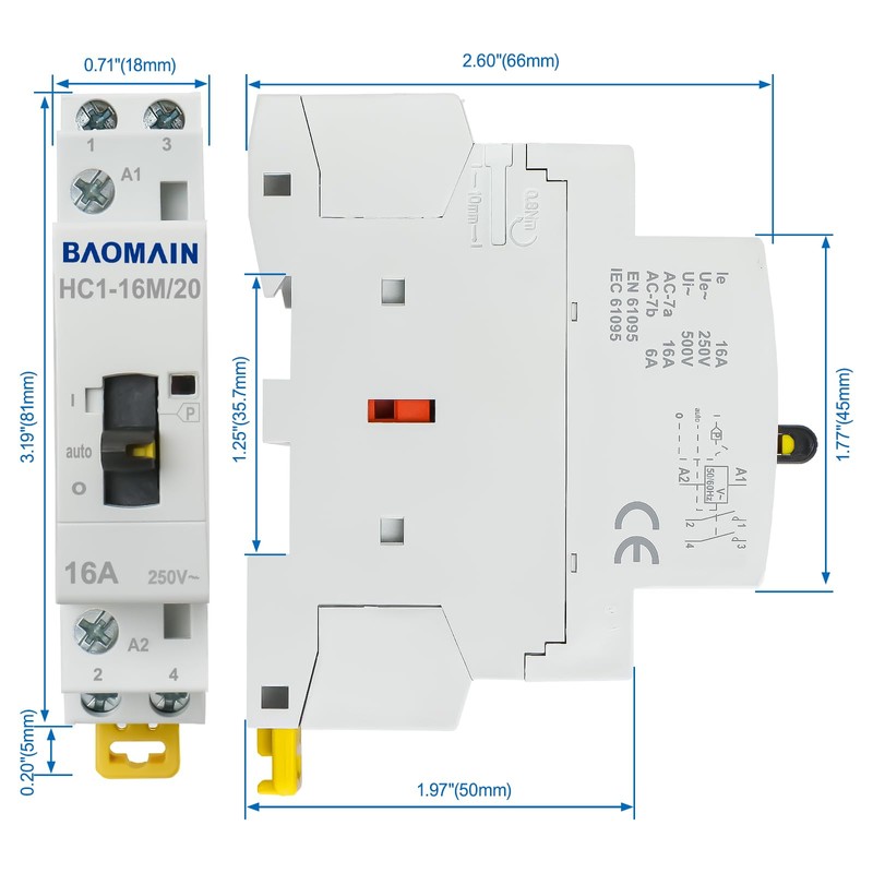 Baomain 220V AC 2-Pole Contactor, 16A 2NO Normally Open, DIN