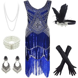 YENMILL 1920s Gatsby Fringed Paisley Plus Size Flapper Dress with 20s Accessories Set (XXL, Blue)