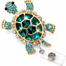 Turtle Badge Reel Retractable with Alligator Clip, Bling Rhinestone ID Badge Holder for Nurses, Cute 360° Rotating Badge Reel for Women Office Teacher Hospital Staff Blue