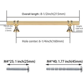 Haliwu 10 Pack Gold Cabinet Handles, Brushed Brass Cabinet Pulls Kitchen Handles Barrel Drawer Dresser Knobs Champagne Gold Pull Kitchen Hardware, 6-1/4 inch Hole to Hole Center