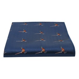 King & Priory Navy Blue Herringbone Embroidered Pheasant Pocket Square, Handkerchief