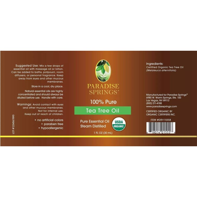Paradise Springs 100% Pure Essential USDA Organic Tea Tree Oil