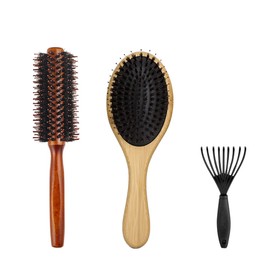 3PCS Bamboo Large Paddle Brush Wild Boar Hair Round Head Brush with Mouse Tail Handle (For Men and Women kids Thinning, Fragile, Heavy Hair）boar bristle round brush Hair Brush Cleaning Tool Comb Cleaning Brush
