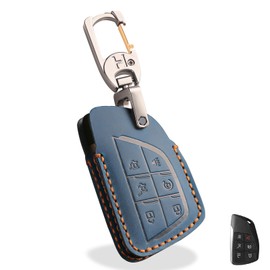 OLLEN Genuine Leather Key Fob Cover 2021-2025, Fit for GMC Yukon Denali Sierra Chevy Silverado Suburban Tahoe Buick etc, Leather Smart Remote Key Protector, 6 Buttons, Blue