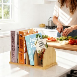 Deefielly Cookbook Organizer, Wooden Countertop Bookshelf, Space-Saving Recipe Book Storage Holder, Small Desktop Display Rack forKitchen, Pantry, Home Office Counter Decor