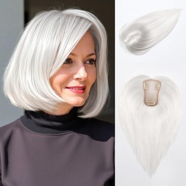 Hair Toppers for Women Real Human Hair 12 Inch Clip in Bangs Hand-Made Swiss Base 3.2 * 4.3 Inch Natural Realistic for Daily Use Straight No Bangs (#Silver White)