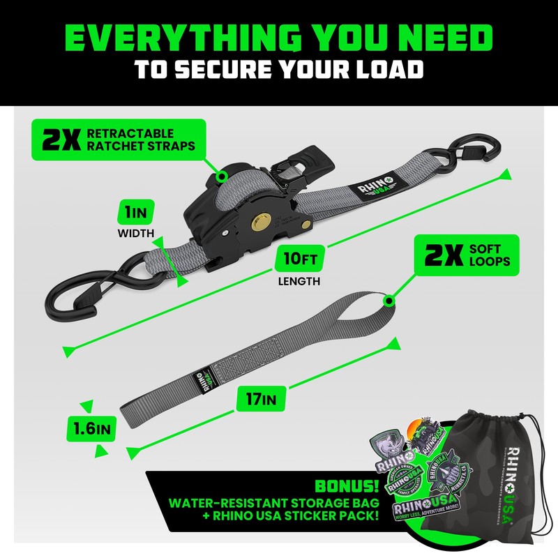 Rhino USA Retractable Ratchet Straps (2-Pack) - 1 Inch x