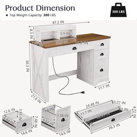 Lareth Farmhouse Computer Desk with Monitor Stand 47 inch Home Office Desk with LED Lights and Power Outlets, Writing Desk with Storage File Drawer for Working Gaming Writing, Antique Walnut