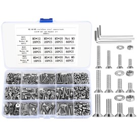Countersunk Screws and Nuts and Washers Set, 600 Pieces M3 M4 M5 Flat Head Screws Hexagon Socket Screws Threaded Screws with Nuts and Washers Assortment Kit