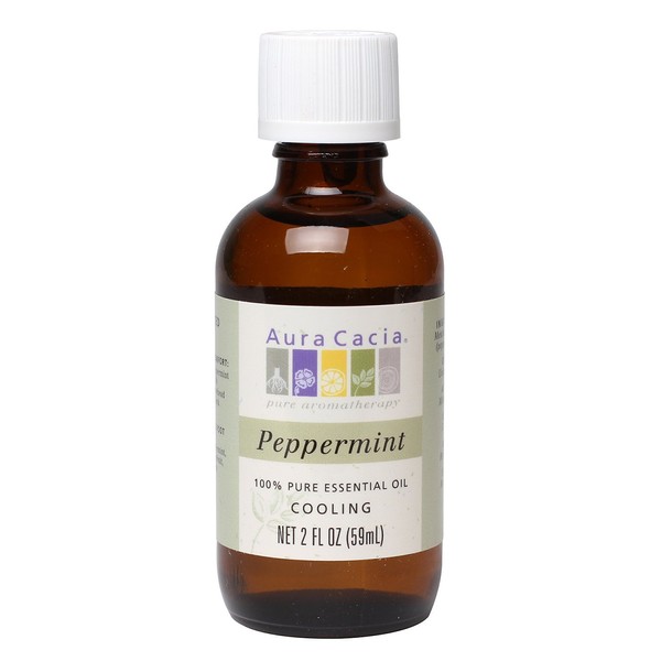 Aura Cacia Peppermint Essential Oil, 2-Ounce, Cools Skin, Fresh Minty Aroma, No Synthetic Fragrances, Color or Preservatives
