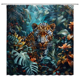 African Safari Leopard Shower Curtain Majestic Wildlife Green Rainforest Animal Tropical Palm Leaves Jungle Cheetah Man Bathroom Decor Fabric Curtains with Hook 70" X 70" Inch