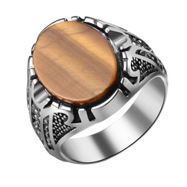 Oidea Tiger Eye Mens Rings: Classic Retro Oval Tiger Eye Stone Signet Rings for Men Cocktail Party Biker Statement Pinky Thumb Band Jewelry Gifts Silver Size 11