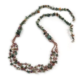 Avalaya Long Multistrand Purple Glass Beads and Green Malachite Semiprecious Nuggets Necklace/ 90cm L