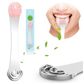MOOSEC Tongue Scraper for Adults&Kids, Durable Food Grade 2 in 1 Silicone Tongue Brush and 100% Stainless Steel Tongue Scrapers, Reduce Bad Breath