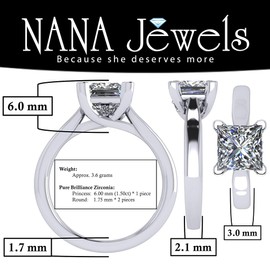 NANA Jewels-Silver 6.00mm (1.50ct) Princess Cut Zirconia Lucita Solitaire Ring-Platinum Plated-Size 6