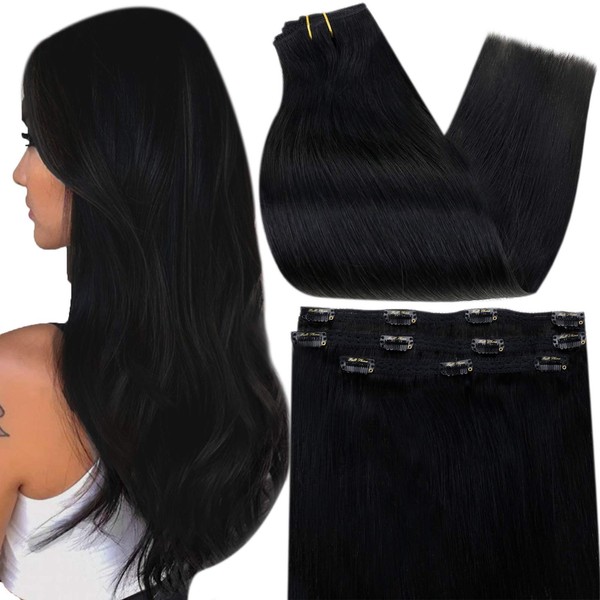 Full Shine Black Human Hair Extensions Clip ins 18 Inch Hair Extensions Real Human Hair Jet Black 50 Grams 3Pcs Lace Clip in Hair Extensions Remy Hair Double Weft for Thin