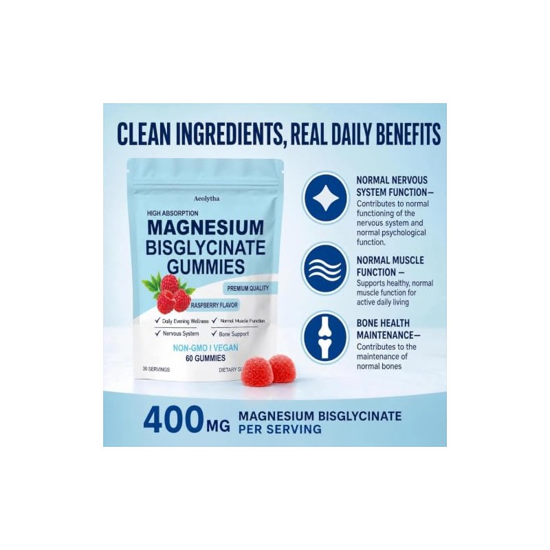 Magnesium Bisglycinate Gummies, High Absorption, Raspberry Flavour, Improved Sleep, Neural