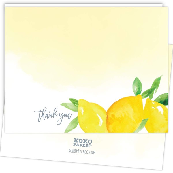 Koko Paper Co Lemon Thank You Cards | 25 Flat Cards and Envelopes | Printed on Heavy Card Stock.