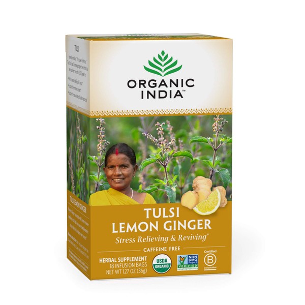 Organic India Tulsi Lemon Ginger Herbal Tea - Holy Basil, Stress Relieving & Reviving, Immune Support, Aids Digestion, Vegan, USDA Certified Organic, Non-GMO, Caffeine-Free - 18 Infusion Bags, 1 Pack