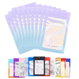 Paquete de 100 bolsas de plástico resellables para almacenamiento de alimentos, bolsas con cierre con ventana frontal transparente, bolsa de embalaje para pequeñas empresas (rosa y azul, 2.4 x 4