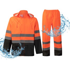 ProtectX Class 3 High Visibility Rain Gear for Men Waterproof, Hi Vis Reflective Safety Rain Jacket Pant Suits Workwear, Orange - Large