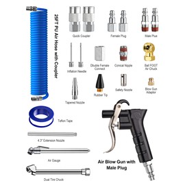 SARDVISA 22-Packs Air Compressor Accessories Kit, 25FT Upgrade Repairable PU Air Hose with 1/4'' NPT Air Tool Kit, Air Blow Gun/Air Chuck/Tire Gauge, Pneumatic Tool Set