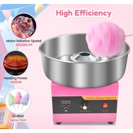 Cotton Candy Machine Commercial, 1000W Professional Cotton Candy Machine, Cotton Candy Maker with Stainless Steel Bowl, Bowl Cover and Sugar Scoop for Kids Birthday, Family Party, Festival (Pink)