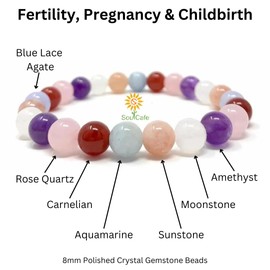 Fertility, Pregnancy & Childbirth Bracelet - Stretch Power Bead Crystal Gemstone Bracelet - Rose Quartz, Aquamarine, Amethyst, Moonstone, Carnelian, Sunstone, Blue Lace Agate - Gift Box and Tag