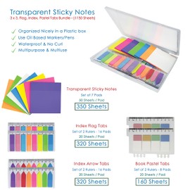 LAMBOCK 1150 Pcs Transparent sticky Notes - Waterproof Clear Sticky Notes set |sticky book tabs, Index, arrow, pastel tabs & see through sticky notes for book annotation, school & cute office supplies