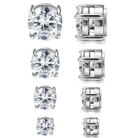 Magnetic Non-piercing Clip On Earrings: Stainless Steel 5-8mm CZ Inlay Round Fake Cheater Studs for Men Women, 4 Pairs Silver