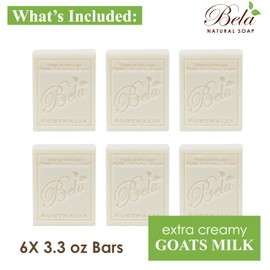 Bela, Extra Creamy Goats Milk, Natural Ingredient Soap Bars, Triple-French Milled Moisturizing Natural Soap Bars Sulfate Free (93g) 3.3 oz each - 6 Pack