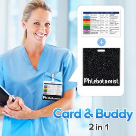 Plifal Phlebotomist Badge Buddy with Order of Blood Draw Reference Card - Phlebotomy Nurse Essentials Accessories for Hospital, Black Horizontal ID Name Tag with Flash Card Cheat Sheet