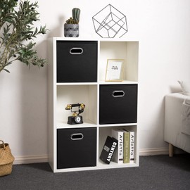 PRANDOM Leather Foldable Cube Storage Bins 13x13 inch [2-Pack] Fabric Storage Baskets Cubes Drawer with Cotton Handles Organizer for Shelves Nursery Closet Bedroom Clothes Black