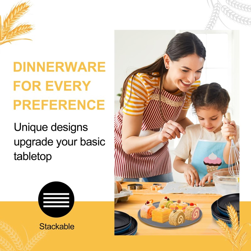 Rubtlamp 16Pcs Plastic Wheat Straw Dinnerware Set, Reusable Plastic Dishes