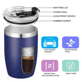 VEGOND Stainless Steel 12 oz Tumblers bulk Vacuum Insulated Double Wall Travel Tumbler with Lid and Straw Reusable Tumbler, Navy Blue 1 Pack