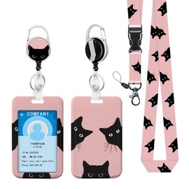 Lanyard ID Badge Holder Black Cat Breakaway Heavy Duty Badge Reel Retractable Reel Detachable Carabiner Keychain Cruise Key Card Hotel Women Students Teachers Nurse Office Work School ID