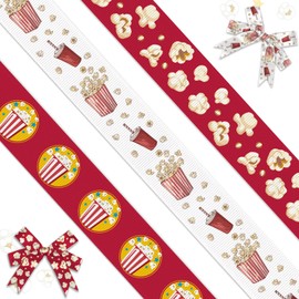 Threetols 3 Rolls 15 Yards Popcorn Ribbons, 3/5" Red White Printed Grosgrain Ribbon Snacks Theme Wrapping Craft Ribbons for School Classroom Popcorn Theme Party Decoration