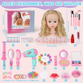 BuzzoXerex Children's Hairdressing Head Set, 58 Pieces Make-Up Head for Girls, Washable, Doll Head for Hairdressing, Children with Hair Accessories and Cosmetics, Birthday, Christmas Gifts for 3 Years