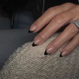 KQueenest 30 Pcs Black French Tip Press on Nails Short Almond Nails Acrylic, Natural Nude Pink Medium Fake Nails Press ons, Classic Glue on Nails Short, Gel French Nails for Women DIY Manicure