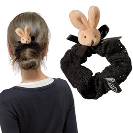 Black Hair Scrunchies with Plush Bunny Cute Brown Rabbit Hair Ties for Women Bunny Ponytail Holder Animal Hair Rope Elastic Furry Rabbit Party Cosplay Costume Head Piece Easter Hair Accessories 1Pcs