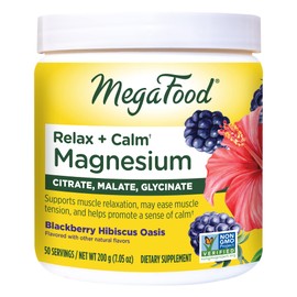 MegaFood Relax + Calm Magnesium Powder - Highly Absorbable Magnesium Glycinate, Magnesium Citrate & Magnesium Malate - Without 9 Food Allergens - Blackberry Hibiscus Oasis - 7.05 Oz (50 Servings)