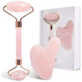Jade Roller and Gua Sha Set, Rose Quartz Roller with Guasha Stone, Face Roller for Women, Massage Tool for Face, Neck and Body Muscle Relaxing, Pink