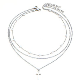 KBRPEY Necklace for Women Girls Pearl Cross Pendant Chain Classic Necklace with Multiple Layers Fashion Jewellery Retro Gifts for Valentine's Day Birthday, Stainless Steel