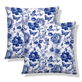 NOCTILYRA Blue and White Porcelain Floral Throw Pillow Covers 18x18 Set of 2 Vintage Chinoiserie Short Plush Pillows Case Butterfly Square Cushion Cover Decorative Pillowcases for Couch Bed