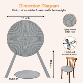 Boho Round Woven Chair Cushions Set of 4 – 15 Inch Cotton Rope Seat Pads with Ties, Reversible Floor Pillows for Dining Chairs, Meditation, Reading Nook, Farmhouse or Classroom Decor (Grey)