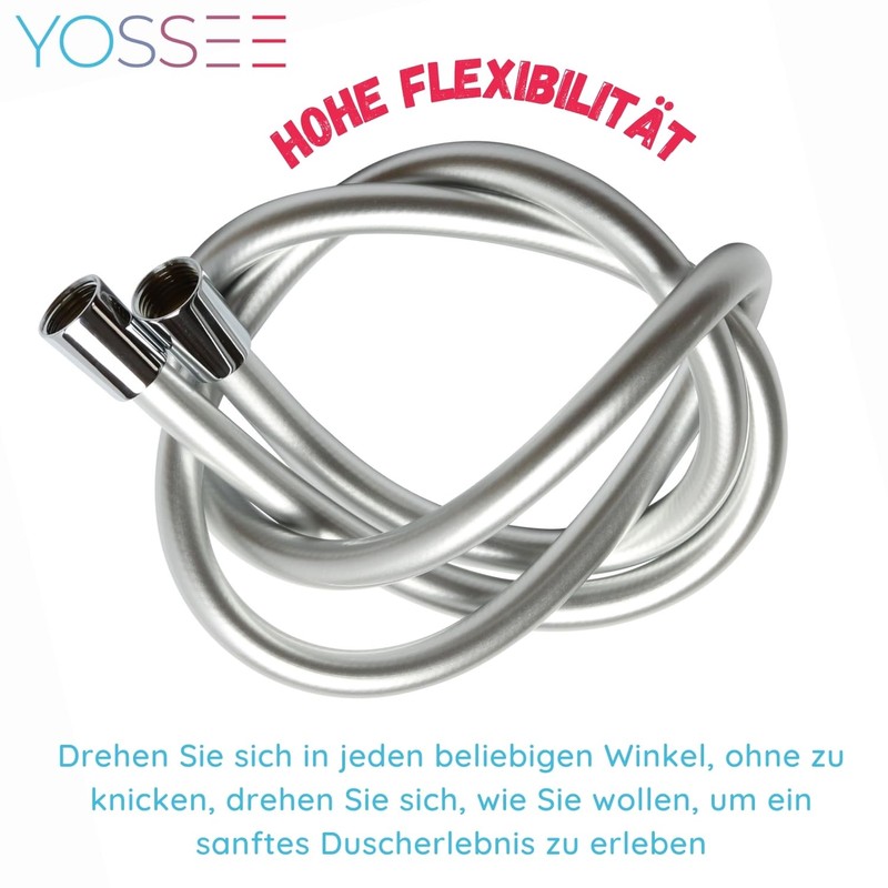 Yossee Duschschlauch 2 Meter PVC Glatter Brauseschlauch mit verdrehsicheren Messinganschlüssen,